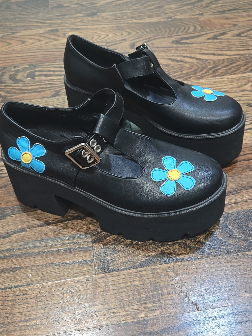 T-Strap Mary Jane Platform Heels Black Floral Blue Yellow Chunky Lug Size 41/10